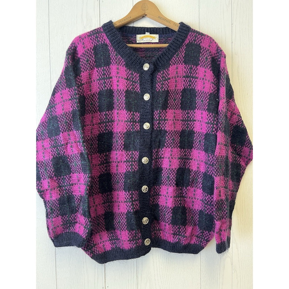Vintage James Pringle Weavers Mohair Cardigan Gingham Plaid‎ Knit LG Oversized